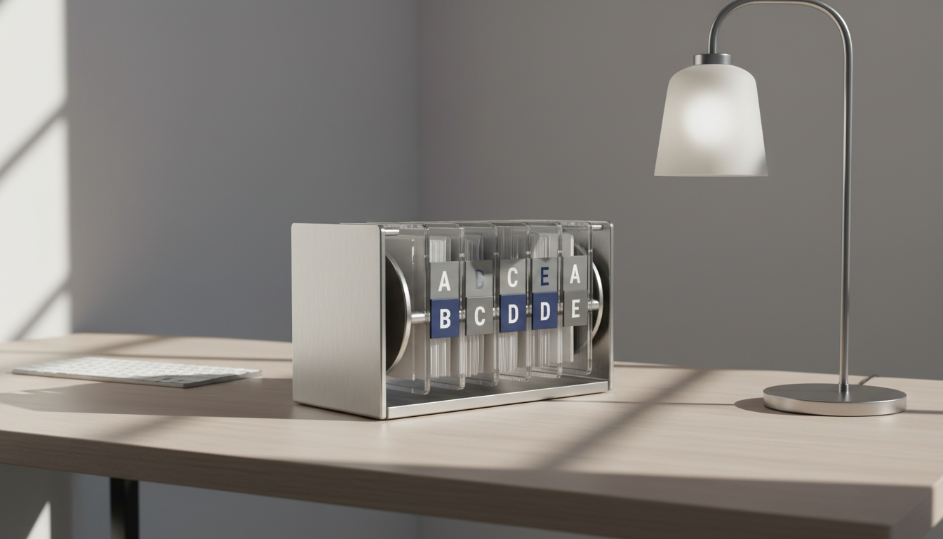 A highly detailed digital illustration of a sleek, futuristic Rolodex constructed from brushed stainless steel and clear acrylic segments, its tabs neatly labeled with bold sans-serif initials in subtle gray and navy blues. This Rolodex is positioned atop a clean, light ash wood desk surface, flanked by a wireless keyboard and a minimalist desktop lamp with a frosted glass shade. Soft, diffused daylight streams in from an unseen side window, casting crisp, geometric shadows that emphasize the structure’s elegant lines and organized balance. The atmosphere exudes calm efficiency and professionalism, enhanced by a focused, eye-level composition with balanced framing and a sharp depth of field. The overall aesthetic is clean, digital-art style, emphasizing neutral tones for a refined corporate feel. This visual supports the site’s streamlined, user-friendly business approach for law firms.