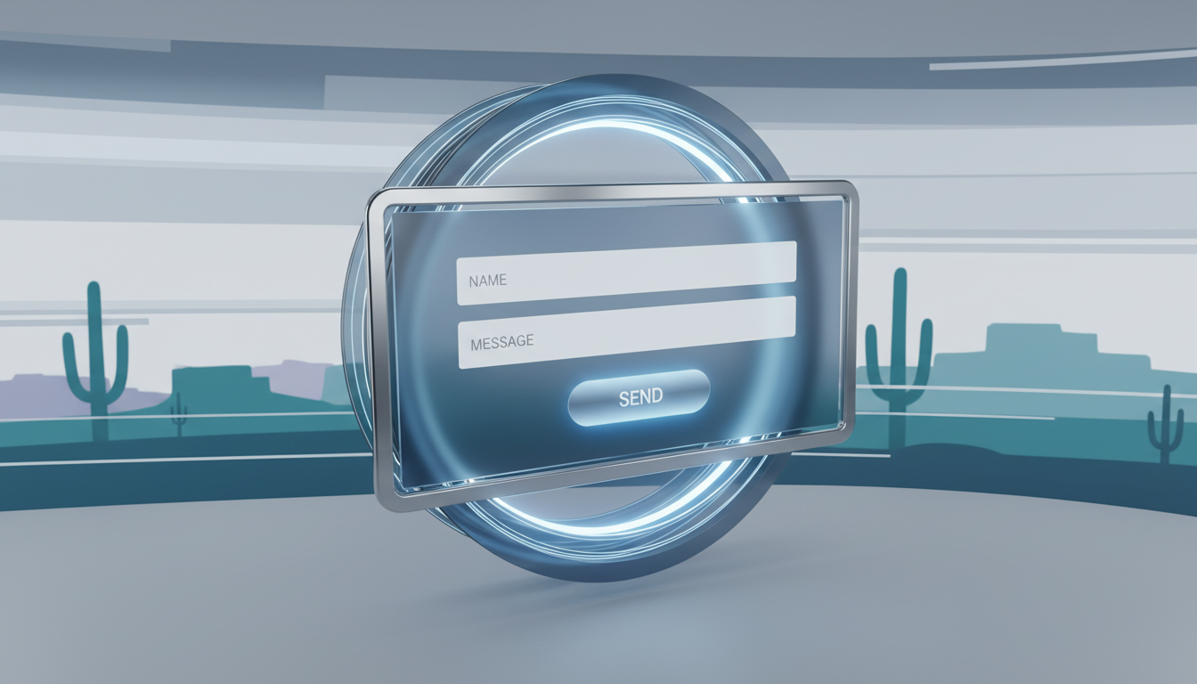 A modern, digital-art interpretation of a streamlined web contact form interface, seamlessly blended into a Rolodex-inspired structure. The form elements—sleek fields and a prominent, pill-shaped submit button—appear set into a floating opaque panel with fine metallic borders, highlighted by a soft steel-blue and silver palette. The environment is a clean, abstract workspace with linear gradients and subtle hints of cacti silhouettes in the blurred background, evoking Arizona. Even, cool-toned ambient light brings gentle highlights to interface edges, casting delicate, structured shadows. The atmosphere is crisp, uncluttered, and assured, captured from a slightly elevated angle with strong horizontal alignment and sharp focus for maximum clarity. This supports the site’s emphasis on accessibility and professionalism.