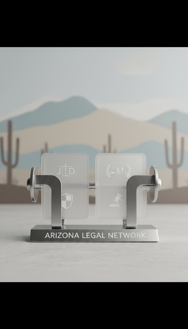 A refined digital artwork of an open, metallic contact card holder designed in the style of a digital Rolodex, featuring frosted acrylic cards with embossed silver initials and minimalist iconography for legal services. The holder rests against a softly textured, pale gray background with just a hint of a stylized Arizona landscape in the distance, rendered in gentle, neutral hues. Ambient overhead lighting casts gentle, even illumination across the scene, enhancing the subtle texture and materials. The mood is sophisticated and welcoming, with a balanced, centered composition and structured layout. Crisp digital lines and clean forms echo the businesslike, professional character of a lead generation site aimed at Arizona law firms.