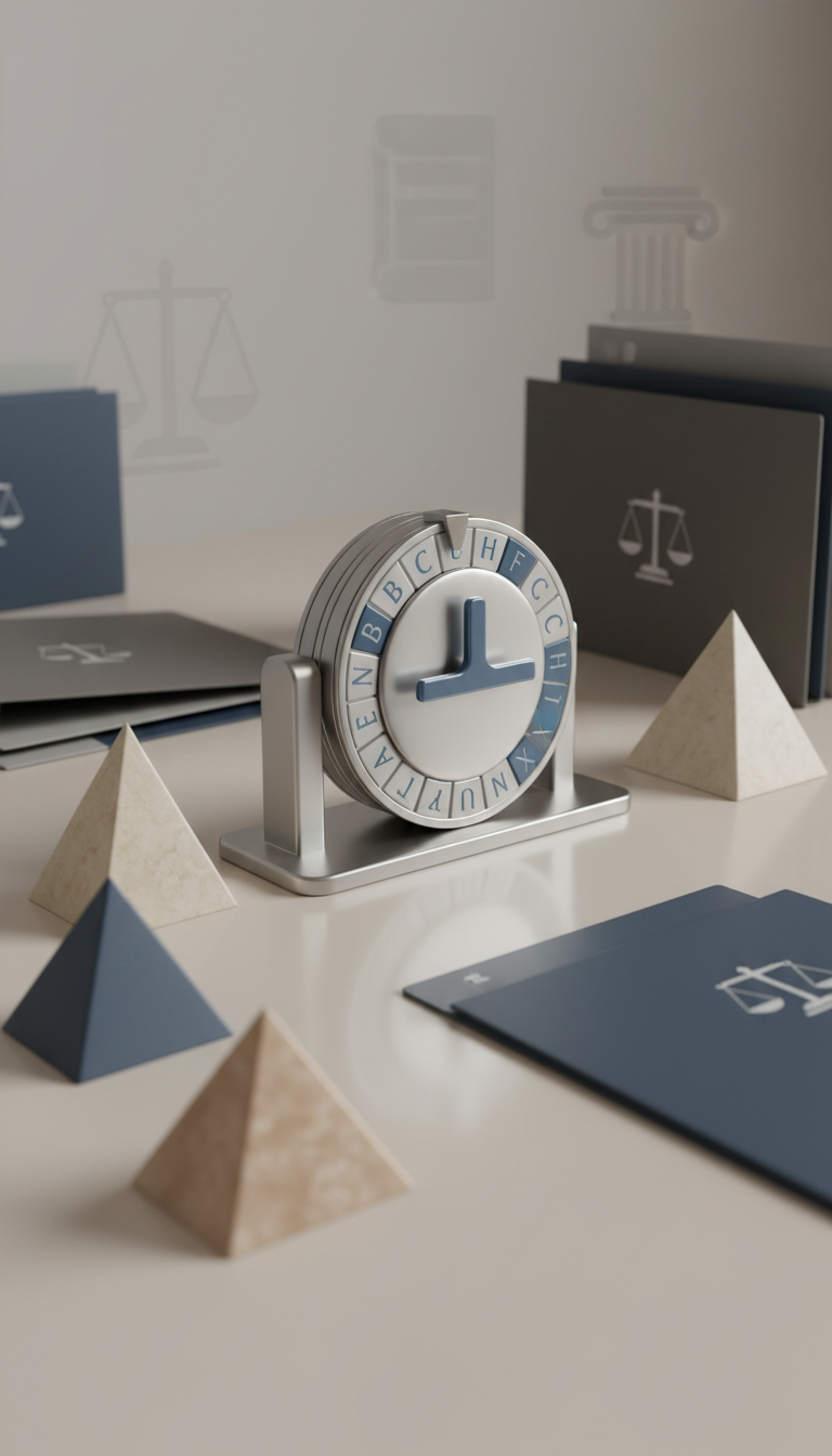 A precisely rendered digital Rolodex wheel, intricately fashioned from matte aluminum with engraved alphabet dividers in soft dove-gray and muted cobalt blue accents. The wheel is positioned on a geometric, light-taupe desktop with an organized array of triangular paperweights and branded business folders, each embossed with subtle legal motifs. Ambient, indirect lighting washes over the surfaces, creating smooth gradients and clean reflections, while faint, abstract legal symbols are softly visible in the far background. The mood is polished and contemporary, achieved through an elevated, centered camera composition and clean lines that suggest reliability and order—ideal for a professional, business-focused lead generation platform.